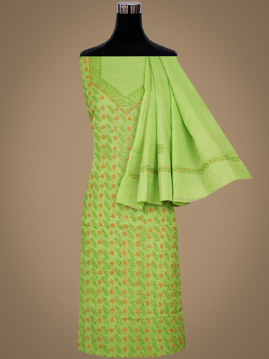 Ada Hand Embroidered Green Cotton Lucknowi Chikankari Unstitched Suit Piece 01A947762_7