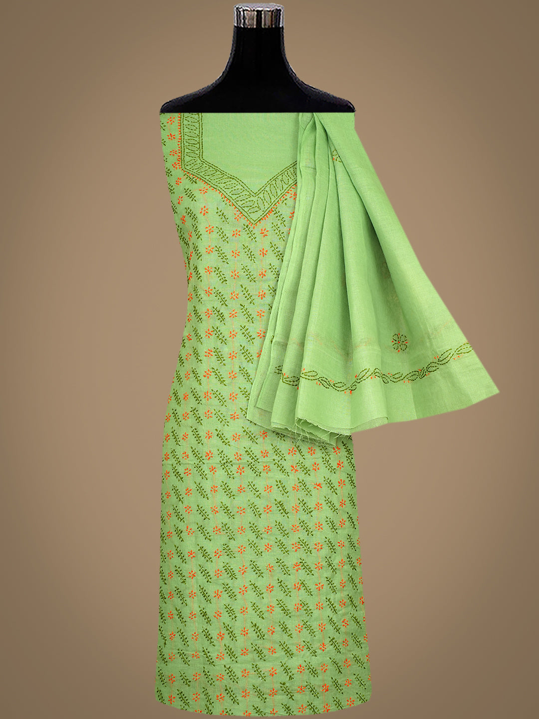 Ada Hand Embroidered Green Cotton Lucknowi Chikankari Unstitched Suit Piece 01A947763