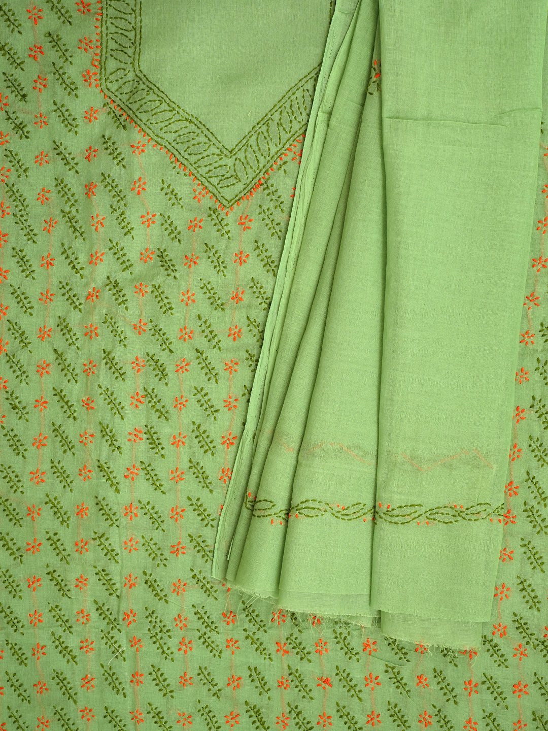Ada Hand Embroidered Green Cotton Lucknowi Chikankari Unstitched Suit Piece 01A947763