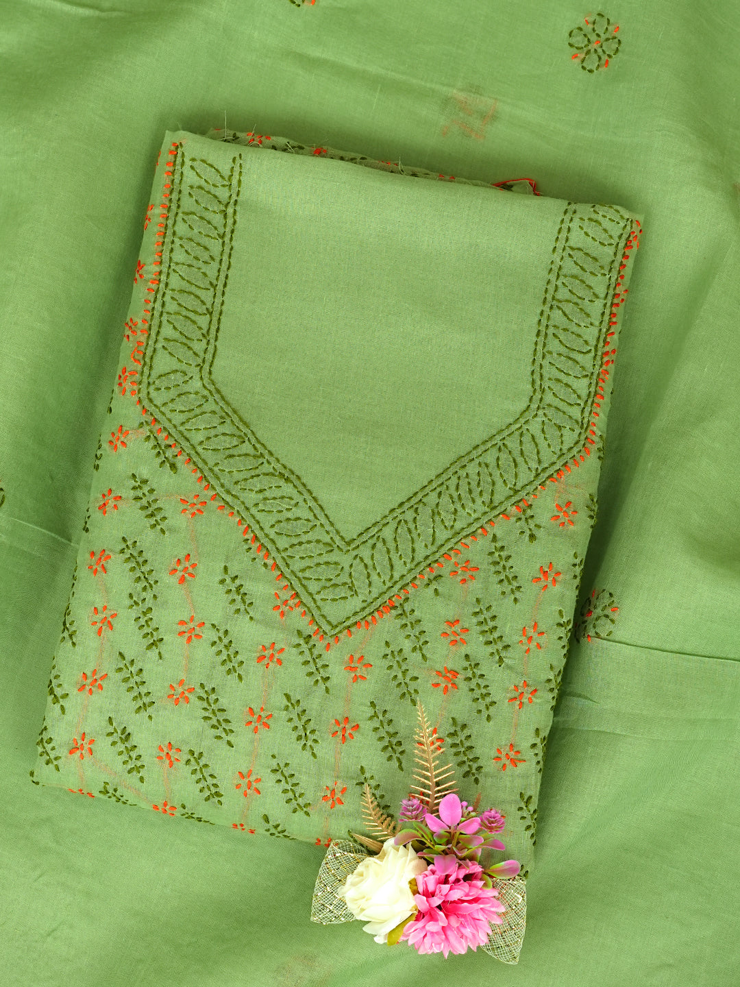 Ada Hand Embroidered Green Cotton Lucknowi Chikankari Unstitched Suit Piece 01A947763