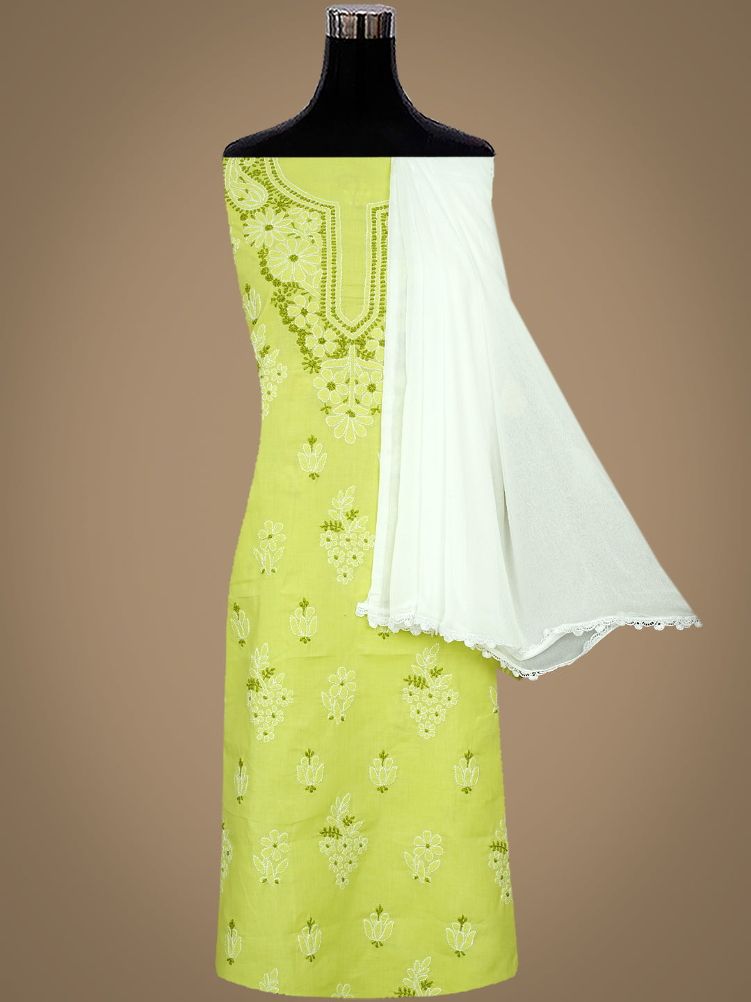 Ada Hand Embroidered Green Cotton Lucknowi Chikankari Unstitched Suit Set With Chiffon Dupatta 01A999550