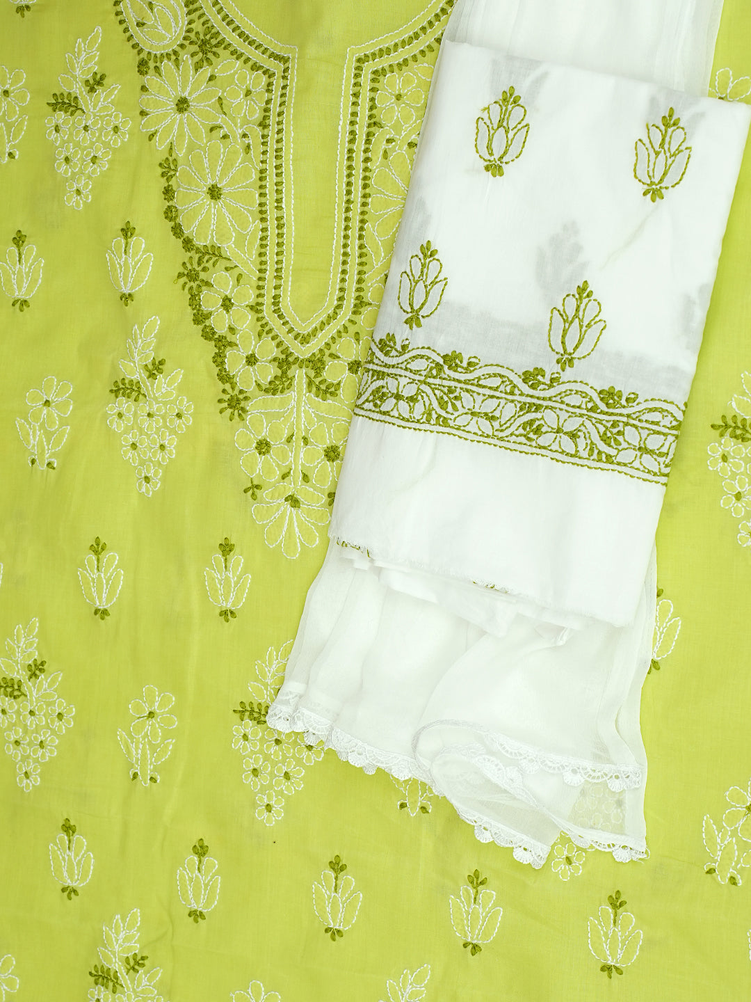 Ada Hand Embroidered Green Cotton Lucknowi Chikankari Unstitched Suit Set With Chiffon Dupatta 01A999550