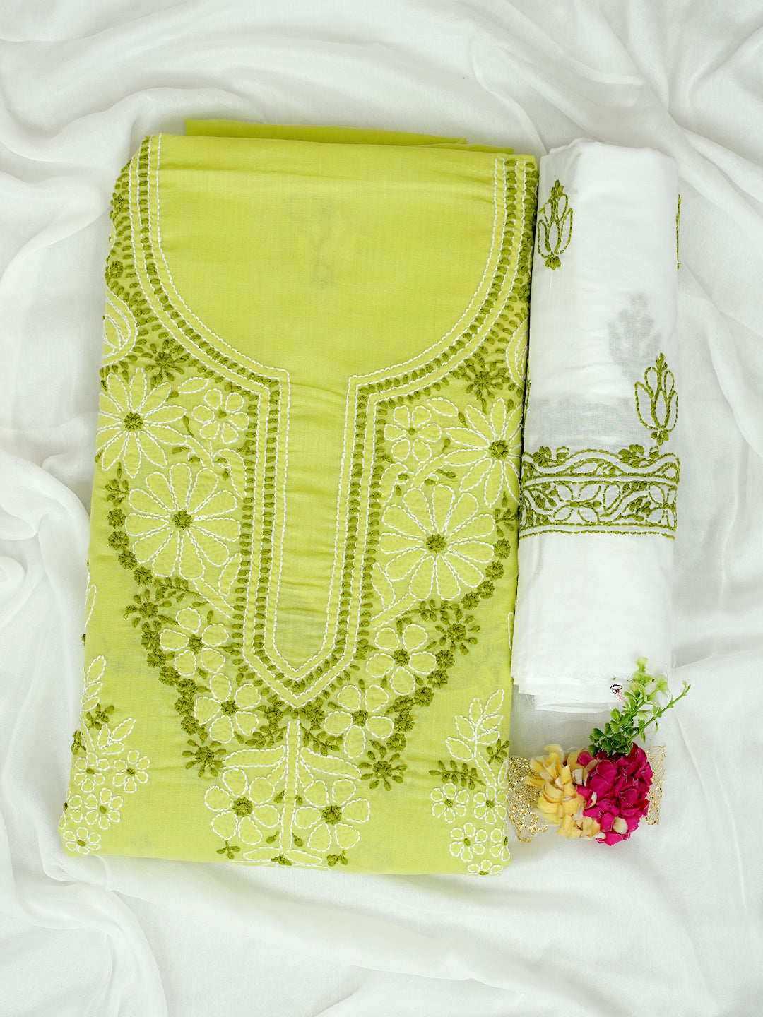 Ada Hand Embroidered Green Cotton Lucknowi Chikankari Unstitched Suit Set With Chiffon Dupatta 01A999550