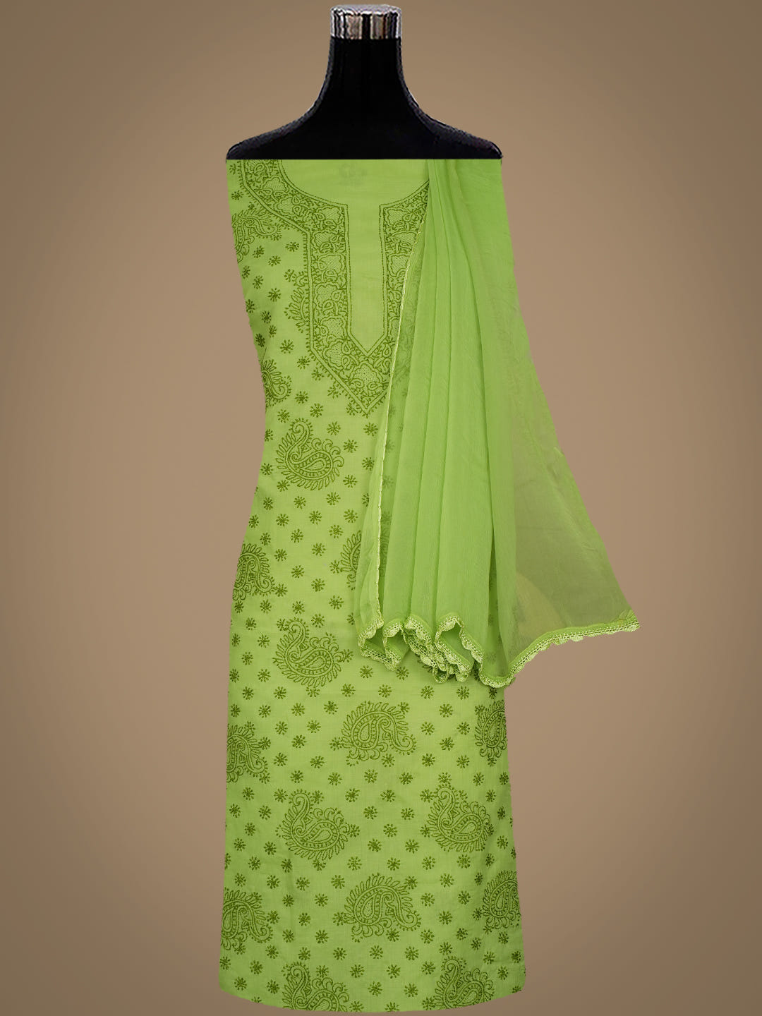 Ada Hand Embroidered Green Cotton Lucknowi Chikankari Unstitched Suit Piece With Chiffon Dupatta 01A1009872_2