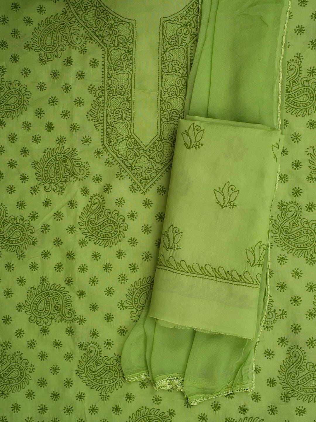 Ada Hand Embroidered Green Cotton Lucknowi Chikankari Unstitched Suit Piece With Chiffon Dupatta 01A1009872_3