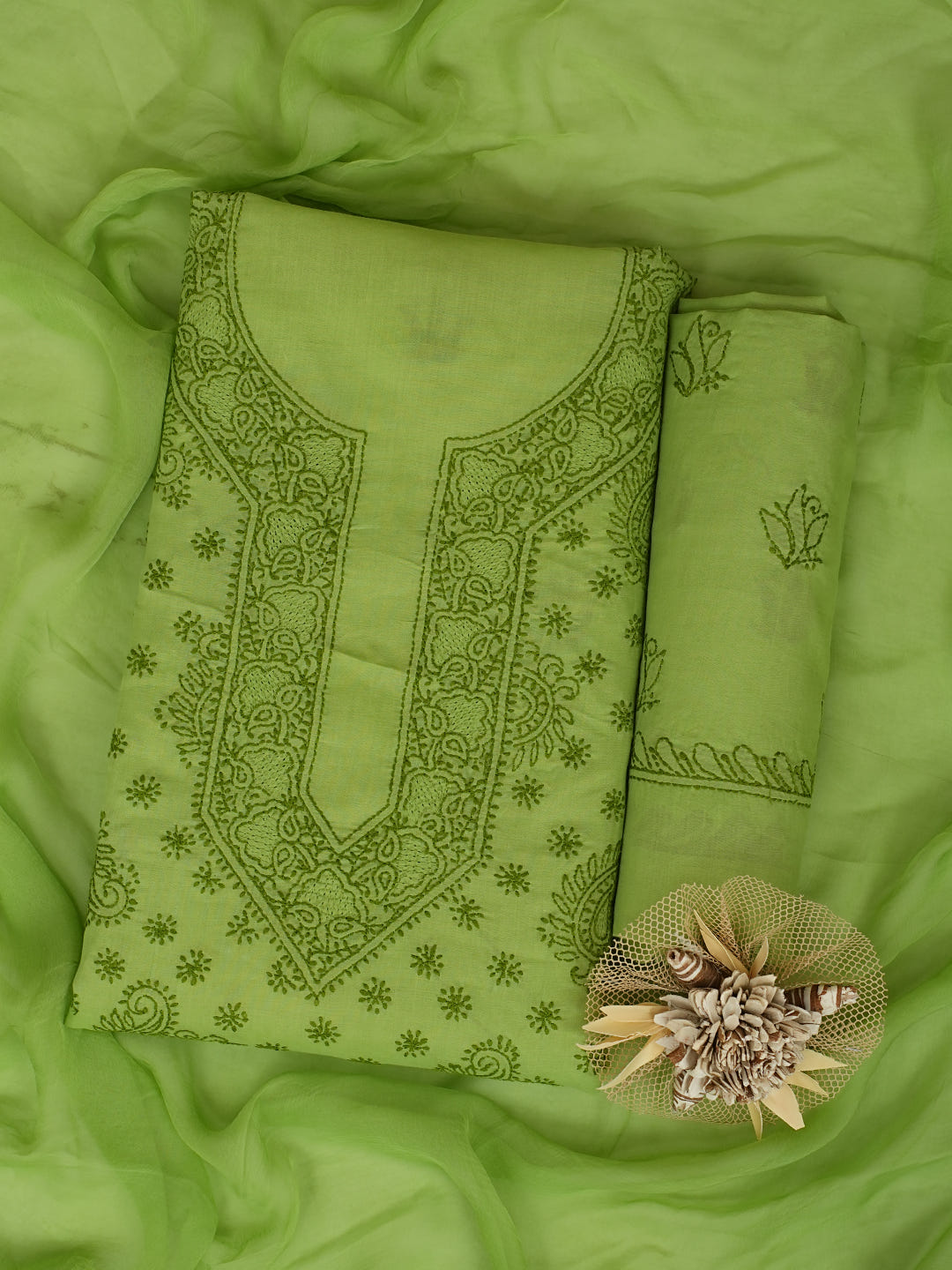 Ada Hand Embroidered Green Cotton Lucknowi Chikankari Unstitched Suit Piece With Chiffon Dupatta 01A1009872_1