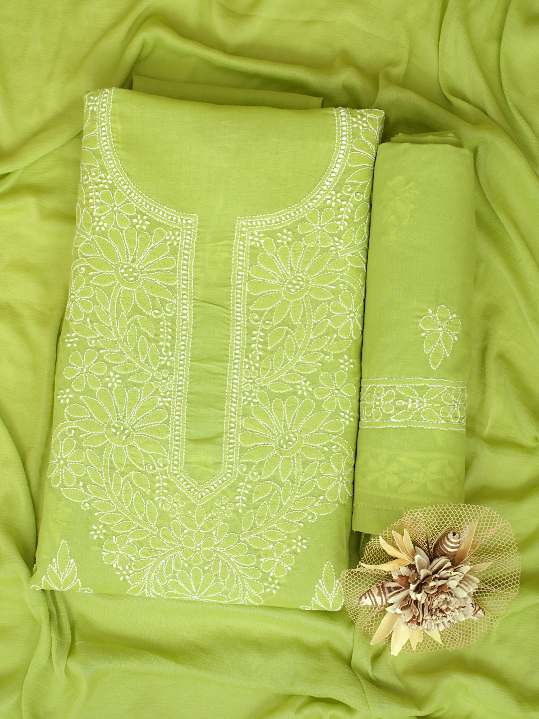 Ada Hand Embroidered Green Cotton Lucknowi Chikankari Unstitched Suit Piece With Chiffon Dupatta 01A1010511_1