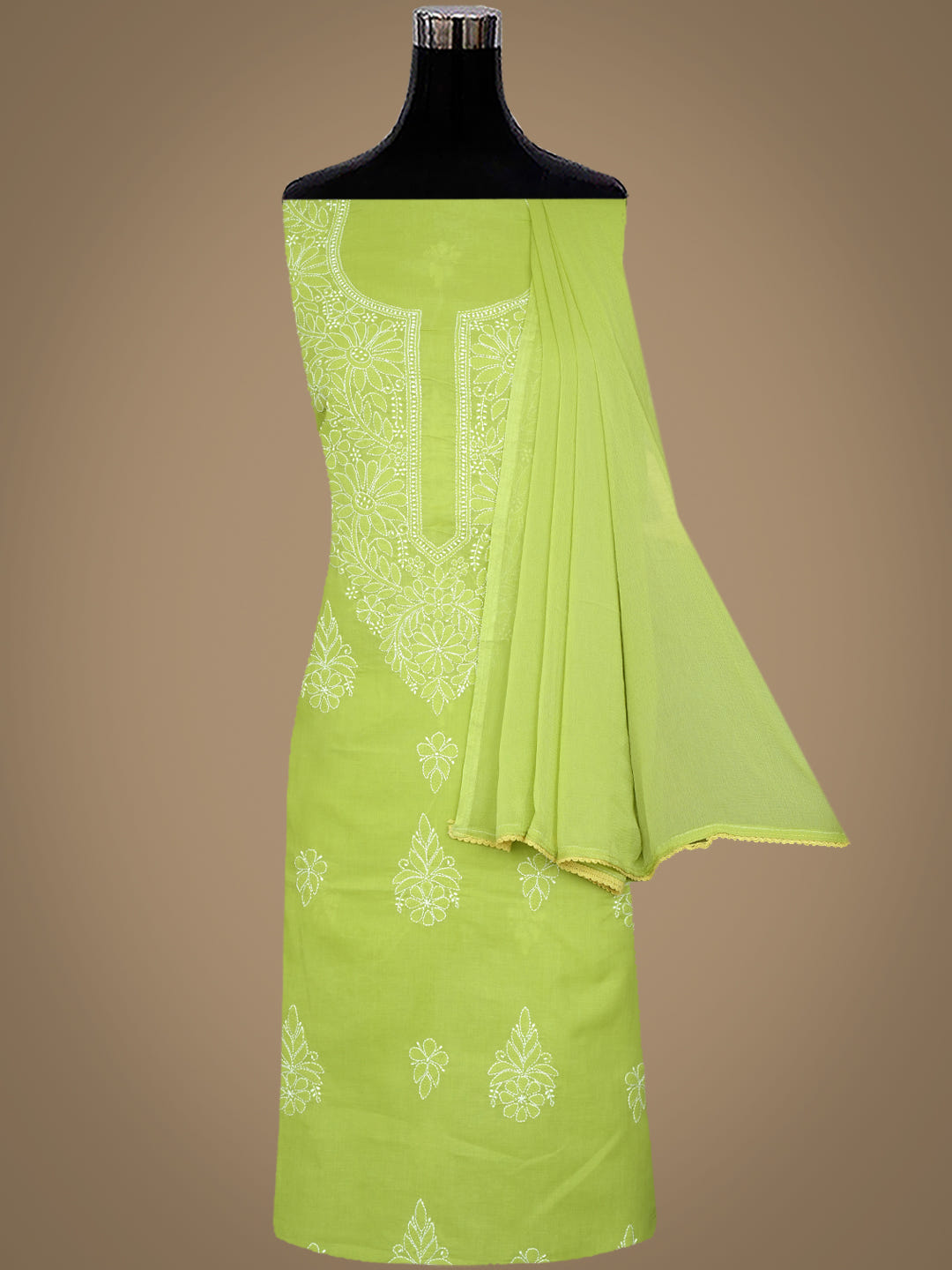 Ada Hand Embroidered Green Cotton Lucknowi Chikankari Unstitched Suit Piece With Chiffon Dupatta 01A1010511_6