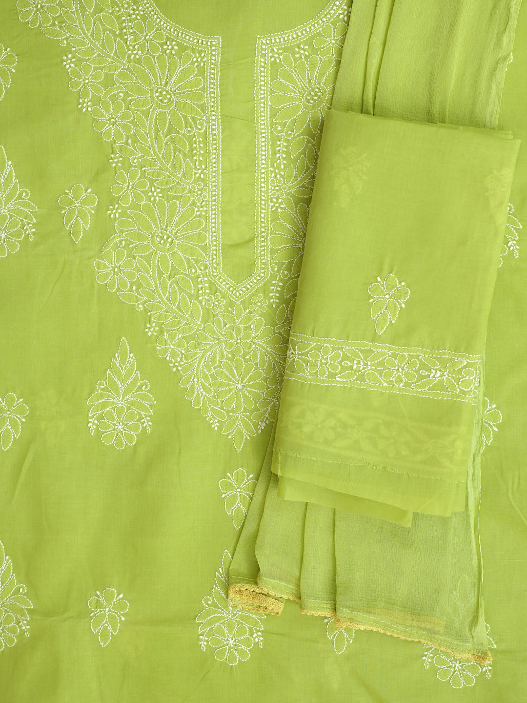 Ada Hand Embroidered Green Cotton Lucknowi Chikankari Unstitched Suit Piece With Chiffon Dupatta 01A1010511_8