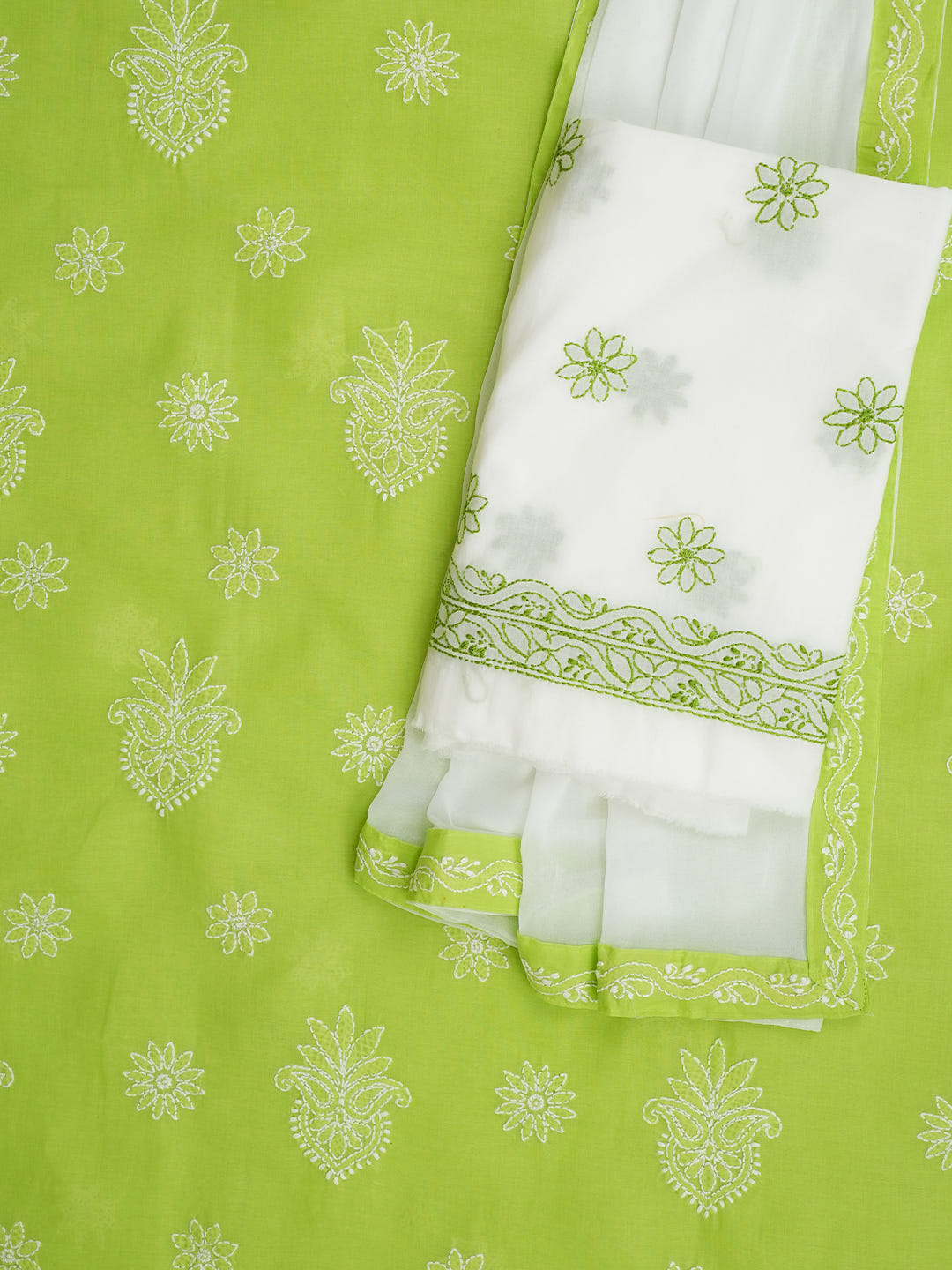 Ada Hand Embroidered Green Cotton Lucknowi Chikankari Unstitched Suit Piece With Chiffon Dupatta 01A1026551_2