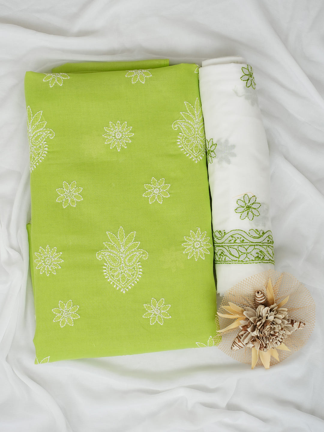 Ada Hand Embroidered Green Cotton Lucknowi Chikankari Unstitched Suit Piece With Chiffon Dupatta 01A1026551_1