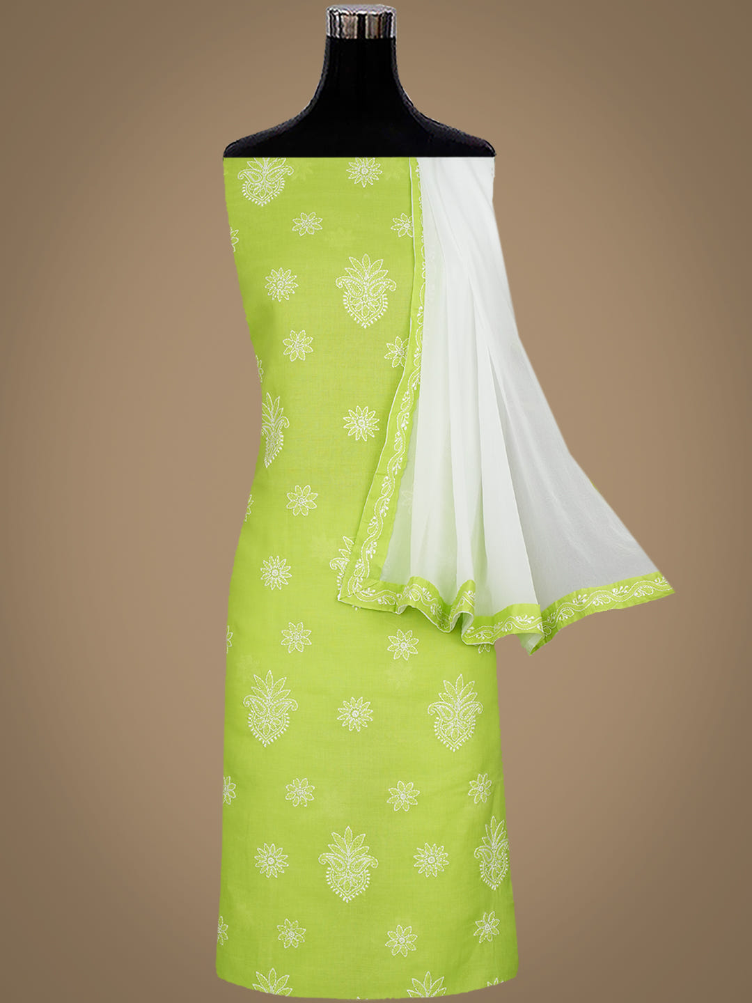 Ada Hand Embroidered Green Cotton Lucknowi Chikankari Unstitched Suit Piece With Chiffon Dupatta 01A1026551_8