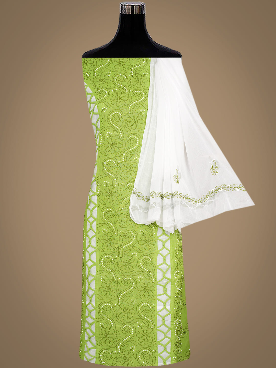 Ada Hand Embroidered Green Cotton Lucknowi Chikankari Unstitched Suit Piece With Chiffon Dupatta 01A905635_5