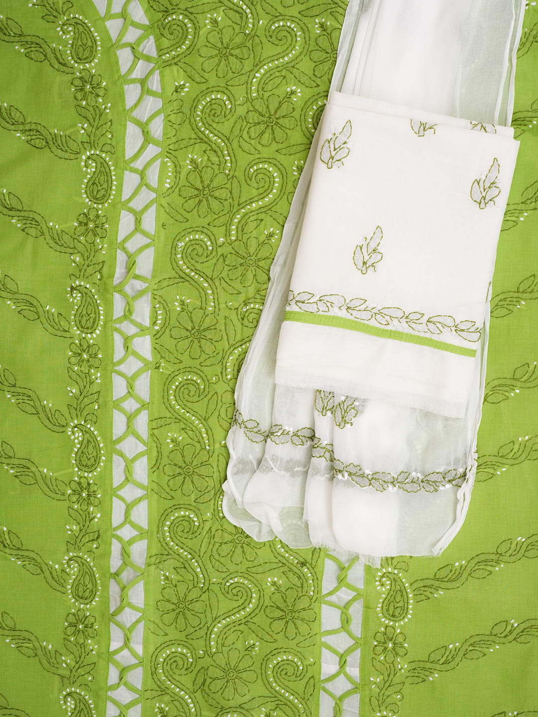 Ada Hand Embroidered Green Cotton Lucknowi Chikankari Unstitched Suit Piece With Chiffon Dupatta 01A905635_6