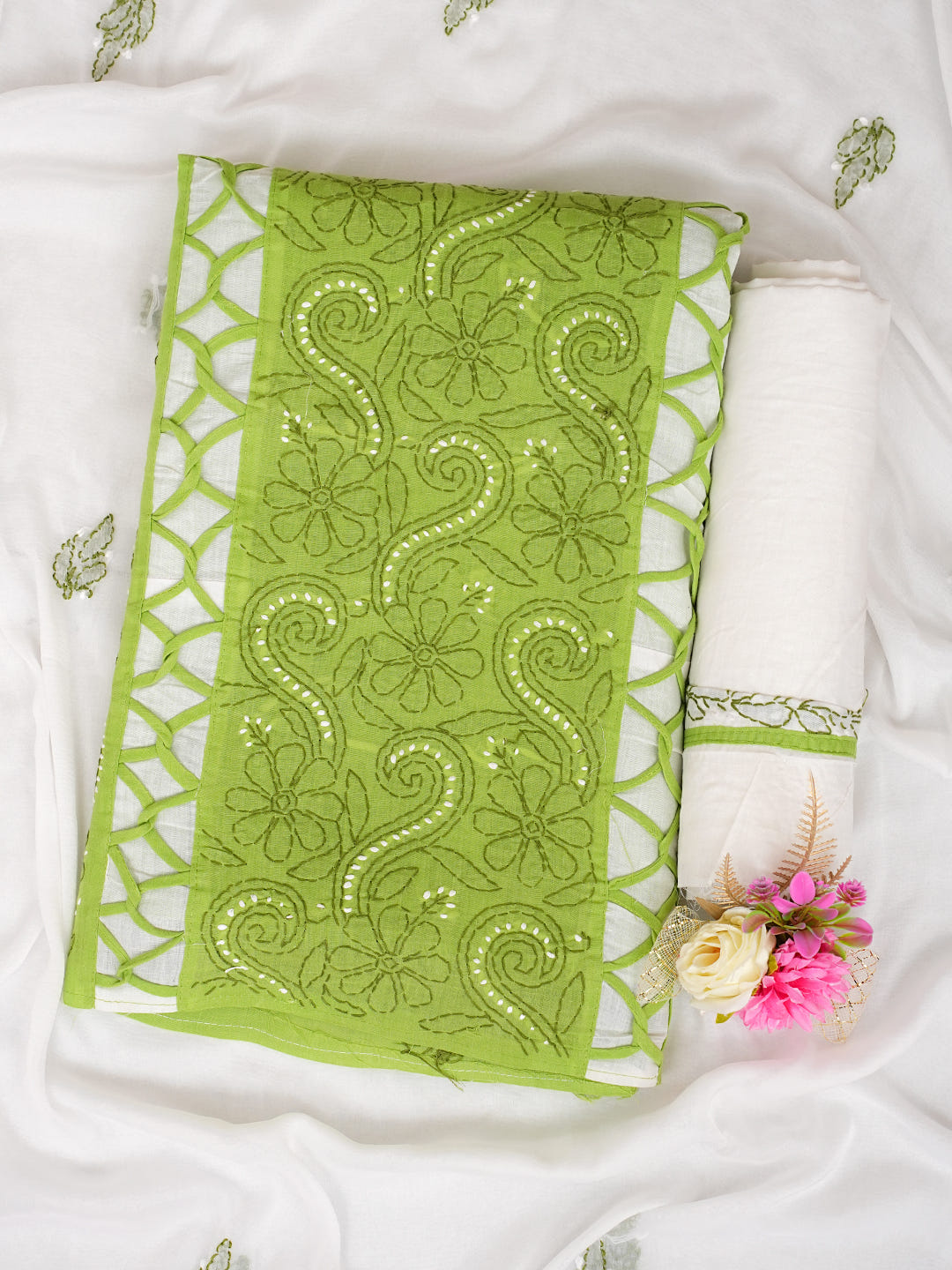 Ada Hand Embroidered Green Cotton Lucknowi Chikankari Unstitched Suit Piece With Chiffon Dupatta 01A905635_1