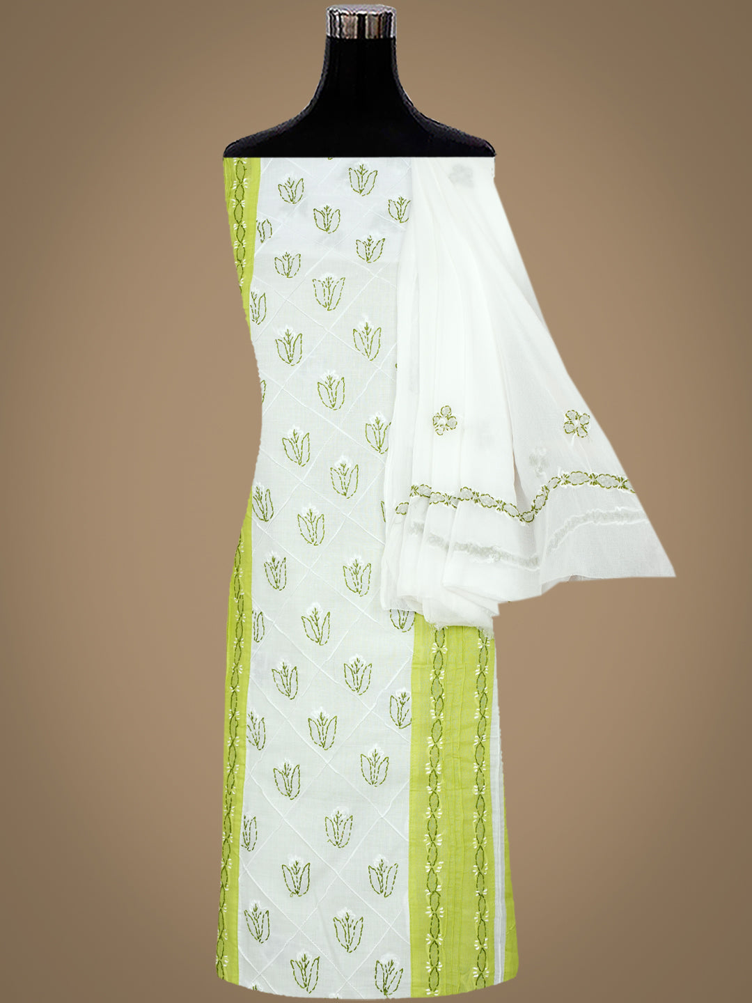 Ada Hand Embroidered Green Cotton Lucknowi Chikankari Unstitched Suit Piece With Chiffon Dupatta 01A919966_4