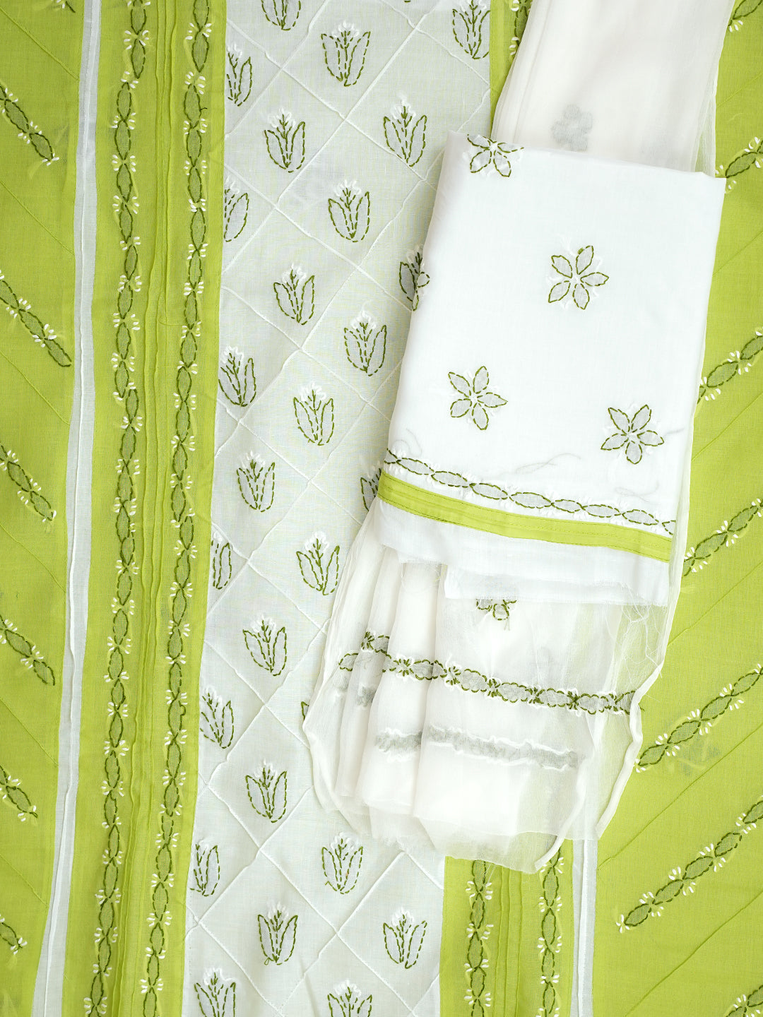 Ada Hand Embroidered Green Cotton Lucknowi Chikankari Unstitched Suit Piece With Chiffon Dupatta 01A919966_5