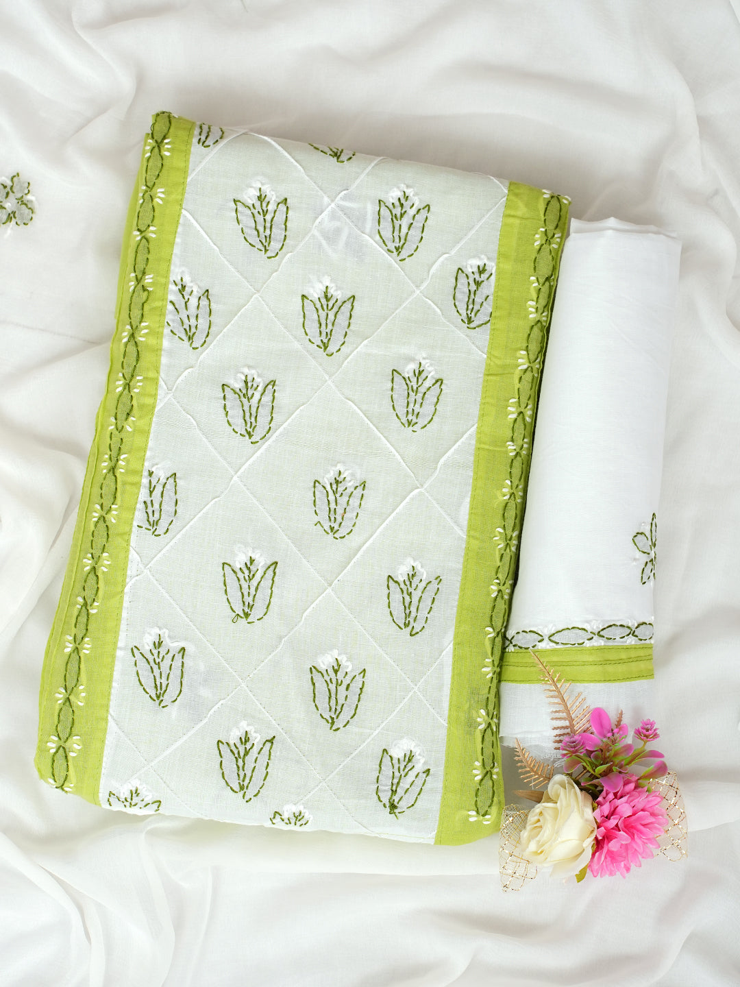 Ada Hand Embroidered Green Cotton Lucknowi Chikankari Unstitched Suit Piece With Chiffon Dupatta 01A919966_1