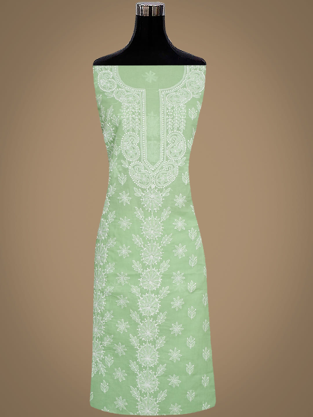 Ada Hand Embroidered Green Cotton Lucknowi Chikankari Unstitched Suit Piece With Chiffon Dupatta 01A981706