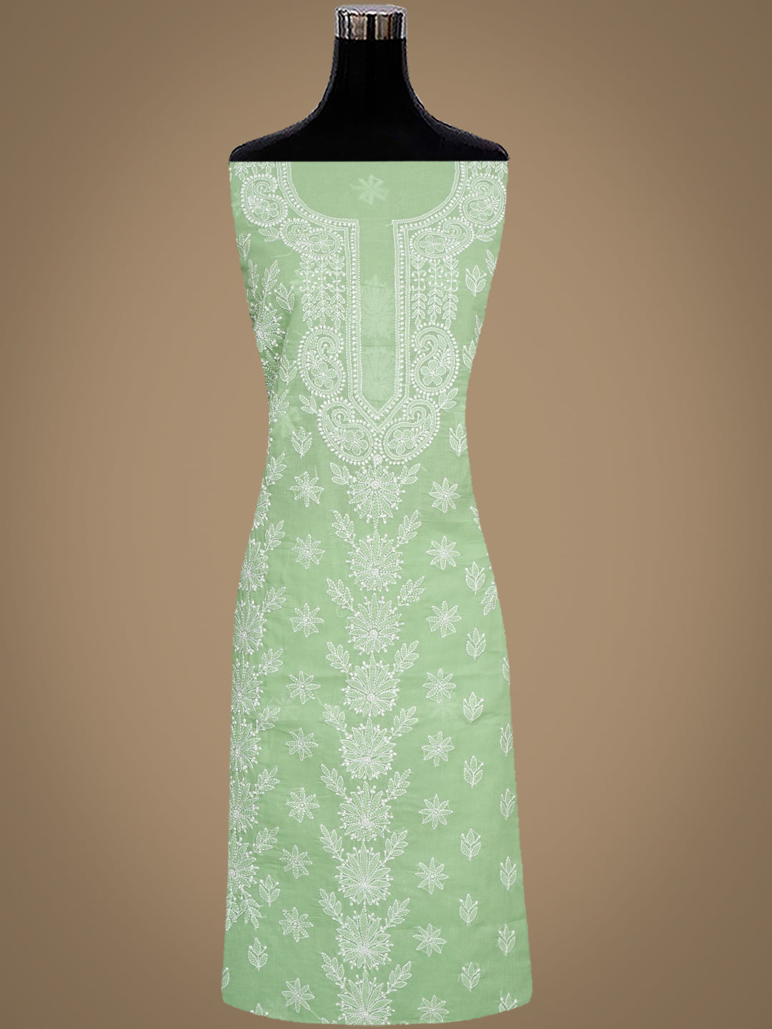 Ada Hand Embroidered Green Cotton Lucknowi Chikankari Unstitched Suit Piece With Chiffon Dupatta 01A981706