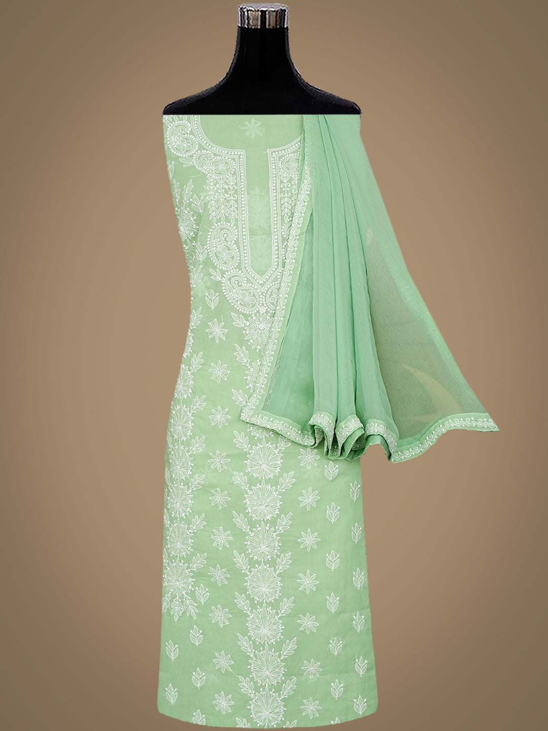 Ada Hand Embroidered Green Cotton Lucknowi Chikankari Unstitched Suit Piece With Chiffon Dupatta 01A981706