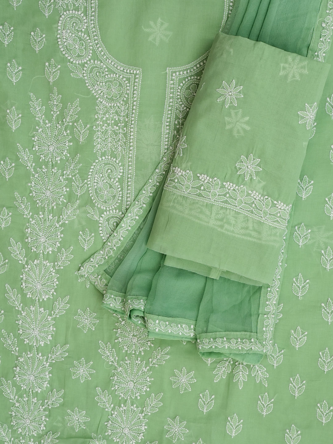 Ada Hand Embroidered Green Cotton Lucknowi Chikankari Unstitched Suit Piece With Chiffon Dupatta 01A981706