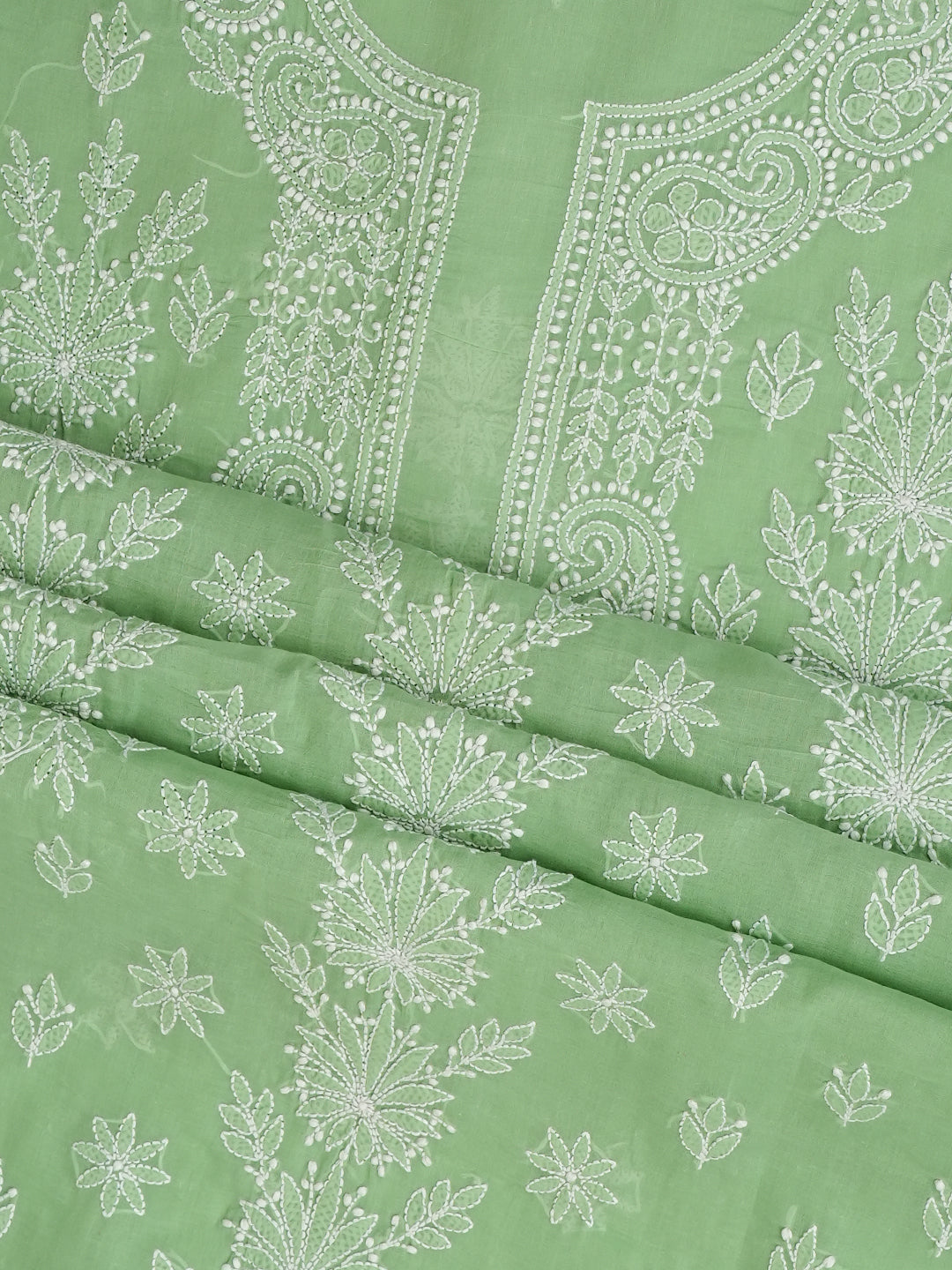 Ada Hand Embroidered Green Cotton Lucknowi Chikankari Unstitched Suit Piece With Chiffon Dupatta 01A981706