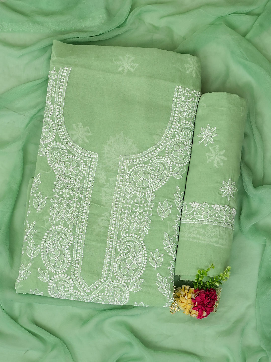 Ada Hand Embroidered Green Cotton Lucknowi Chikankari Unstitched Suit Piece With Chiffon Dupatta 01A981706