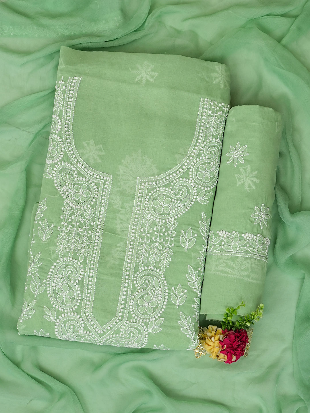 Ada Hand Embroidered Green Cotton Lucknowi Chikankari Unstitched Suit Piece With Chiffon Dupatta 01A981706