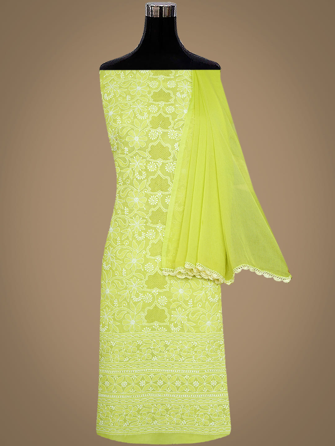 Ada Hand Embroidered Green Cotton Lucknowi Chikankari Unstitched Suit Piece With Chiffon Dupatta 01A992662_3