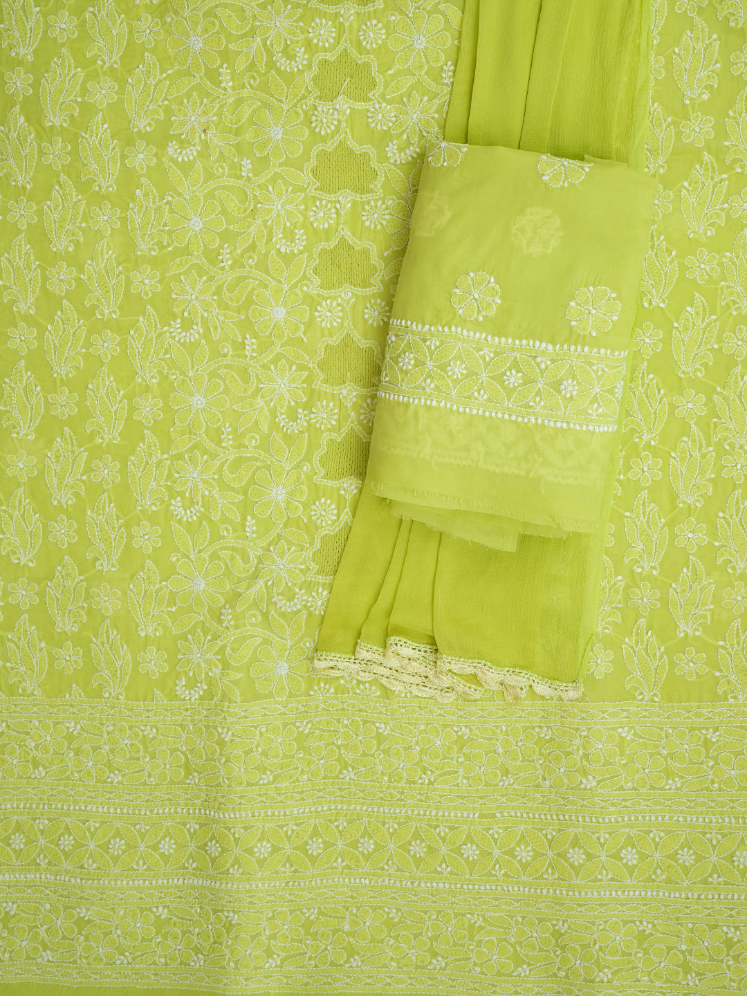 Ada Hand Embroidered Green Cotton Lucknowi Chikankari Unstitched Suit Piece With Chiffon Dupatta 01A992662_5