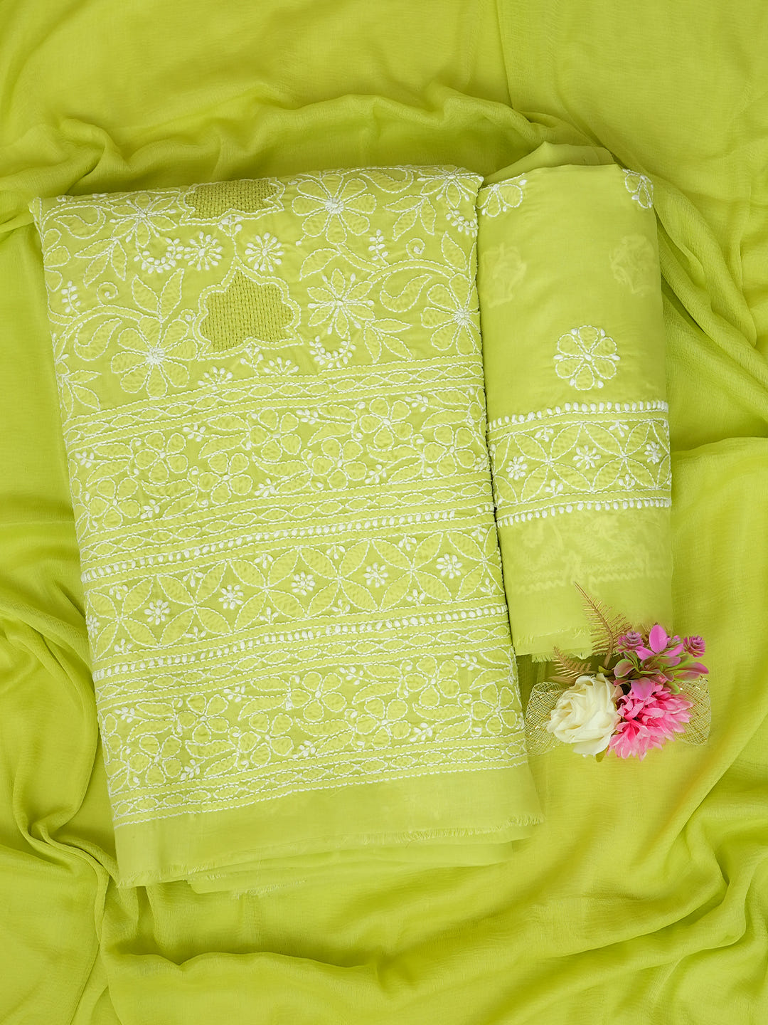Ada Hand Embroidered Green Cotton Lucknowi Chikankari Unstitched Suit Piece With Chiffon Dupatta 01A992662_1