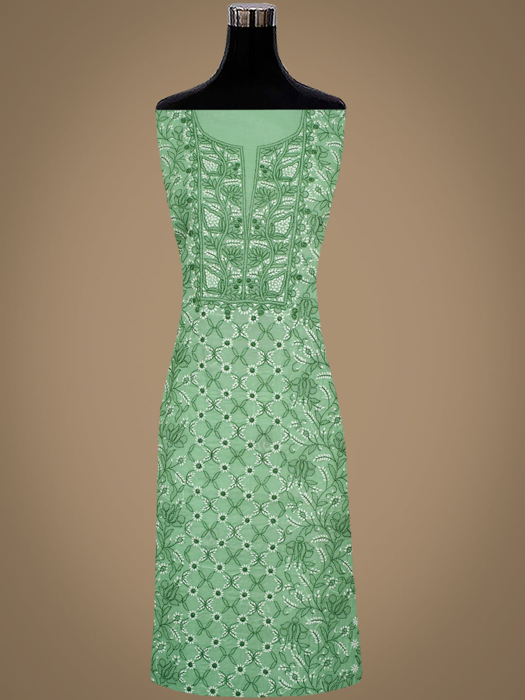 Ada Hand Embroidered Green Cotton Lucknowi Chikankari Unstitched Suit Piece With Chiffon Dupatta 01A992664