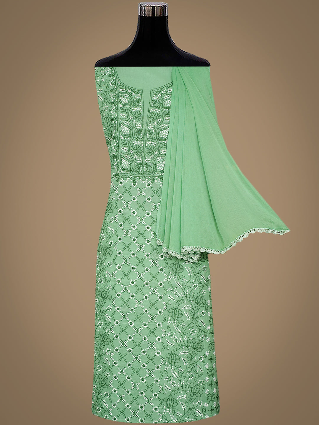 Ada Hand Embroidered Green Cotton Lucknowi Chikankari Unstitched Suit Piece With Chiffon Dupatta 01A992664