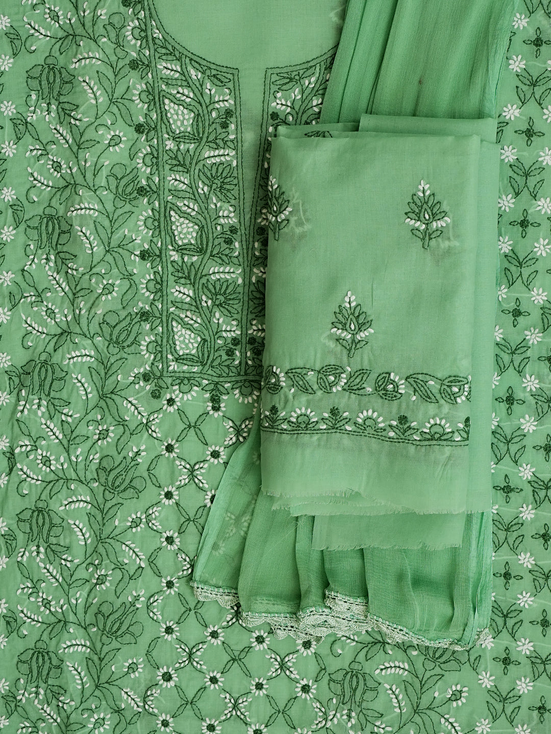Ada Hand Embroidered Green Cotton Lucknowi Chikankari Unstitched Suit Piece With Chiffon Dupatta 01A992664