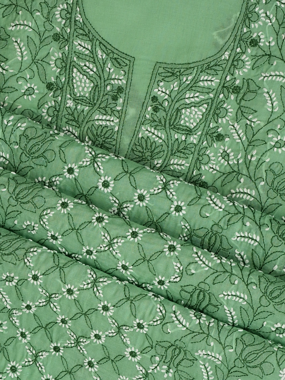 Ada Hand Embroidered Green Cotton Lucknowi Chikankari Unstitched Suit Piece With Chiffon Dupatta 01A992664