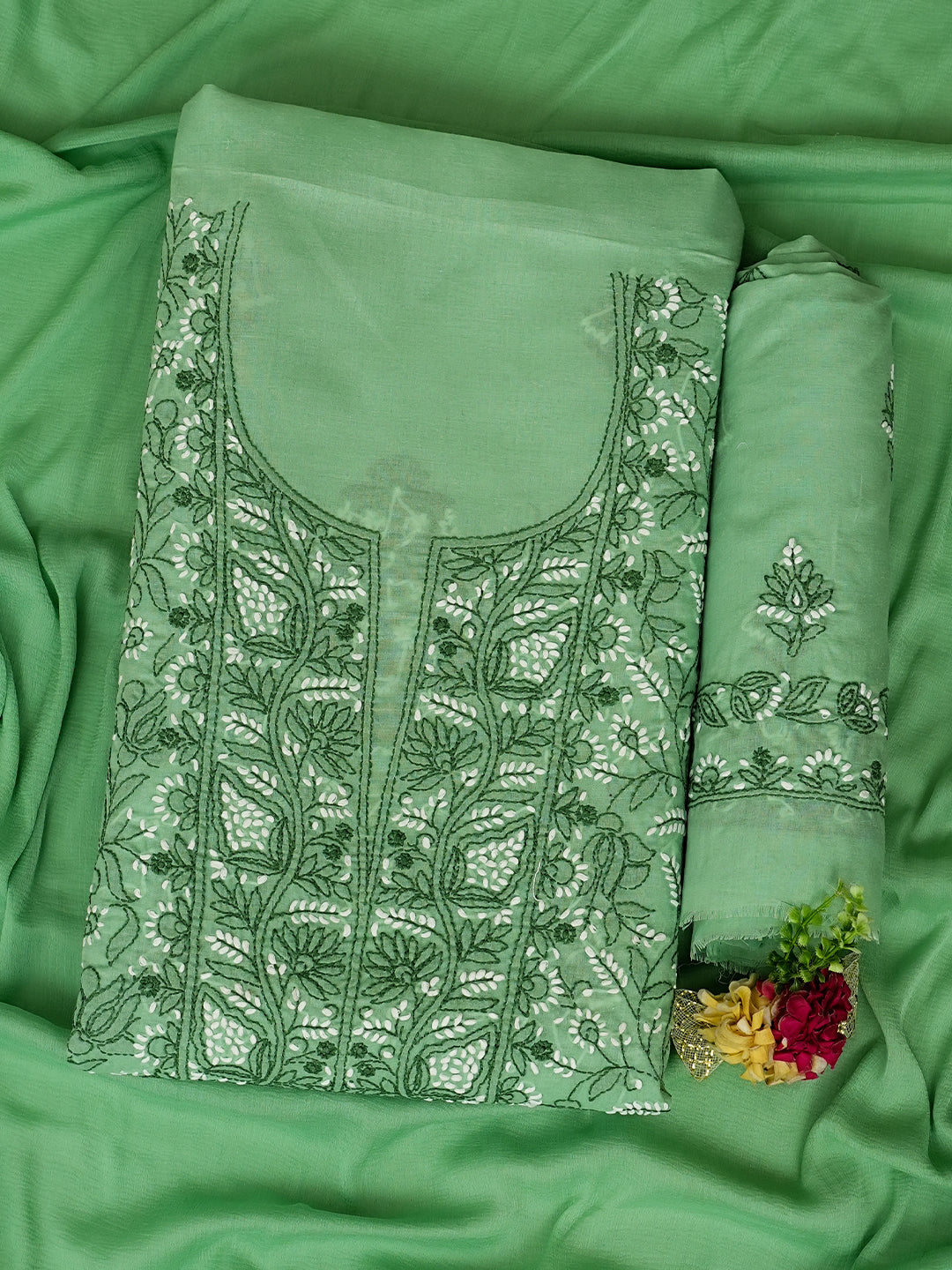 Ada Hand Embroidered Green Cotton Lucknowi Chikankari Unstitched Suit Piece With Chiffon Dupatta 01A992664