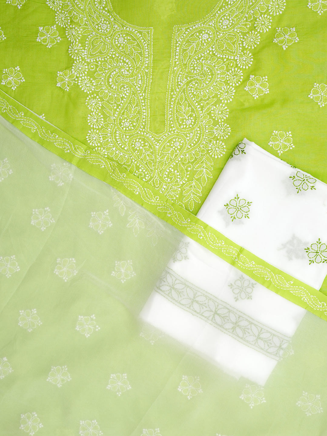 Ada Hand Embroidered Green Cotton Lucknowi Chikankari Unstitched Suit Piece With Chiffon Dupatta A211365