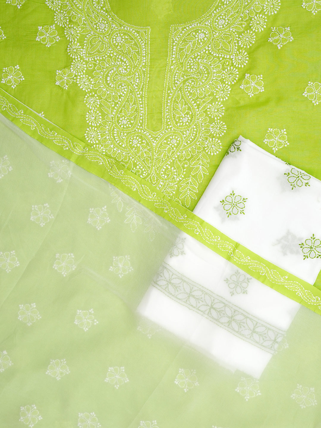 Ada Hand Embroidered Green Cotton Lucknowi Chikankari Unstitched Suit Piece With Chiffon Dupatta A211365