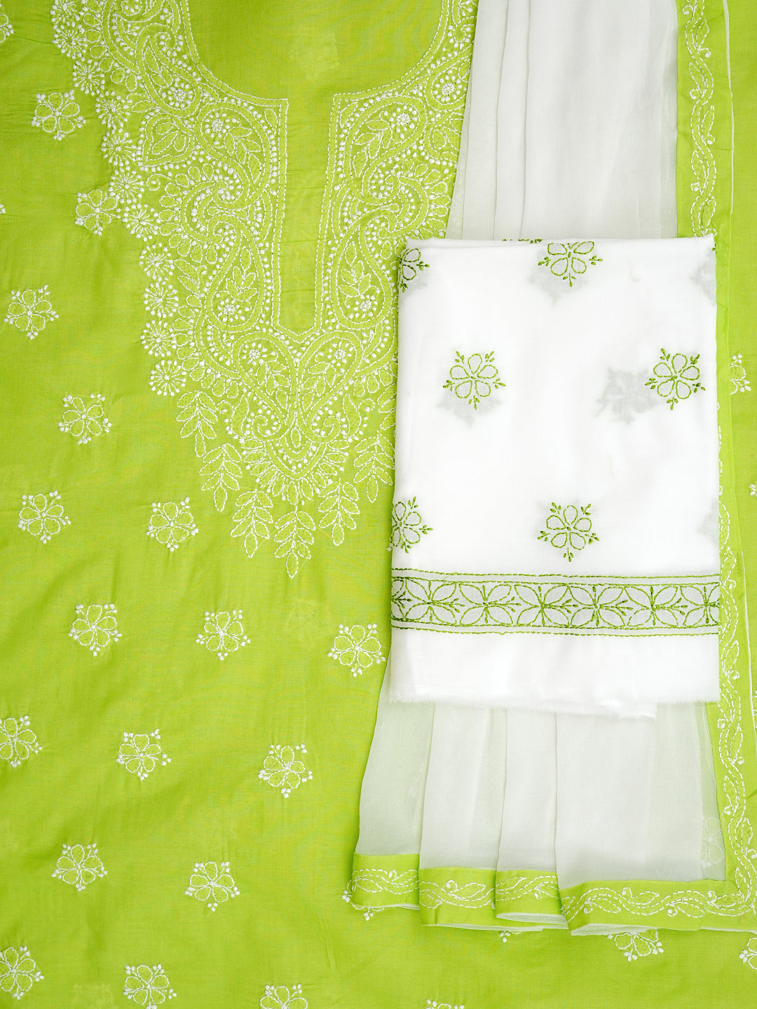 Ada Hand Embroidered Green Cotton Lucknowi Chikankari Unstitched Suit Piece With Chiffon Dupatta A211365