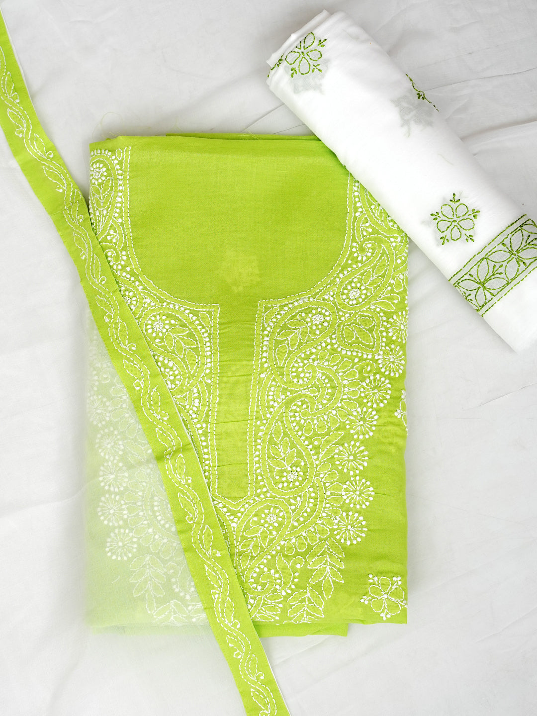Ada Hand Embroidered Green Cotton Lucknowi Chikankari Unstitched Suit Piece With Chiffon Dupatta A211365