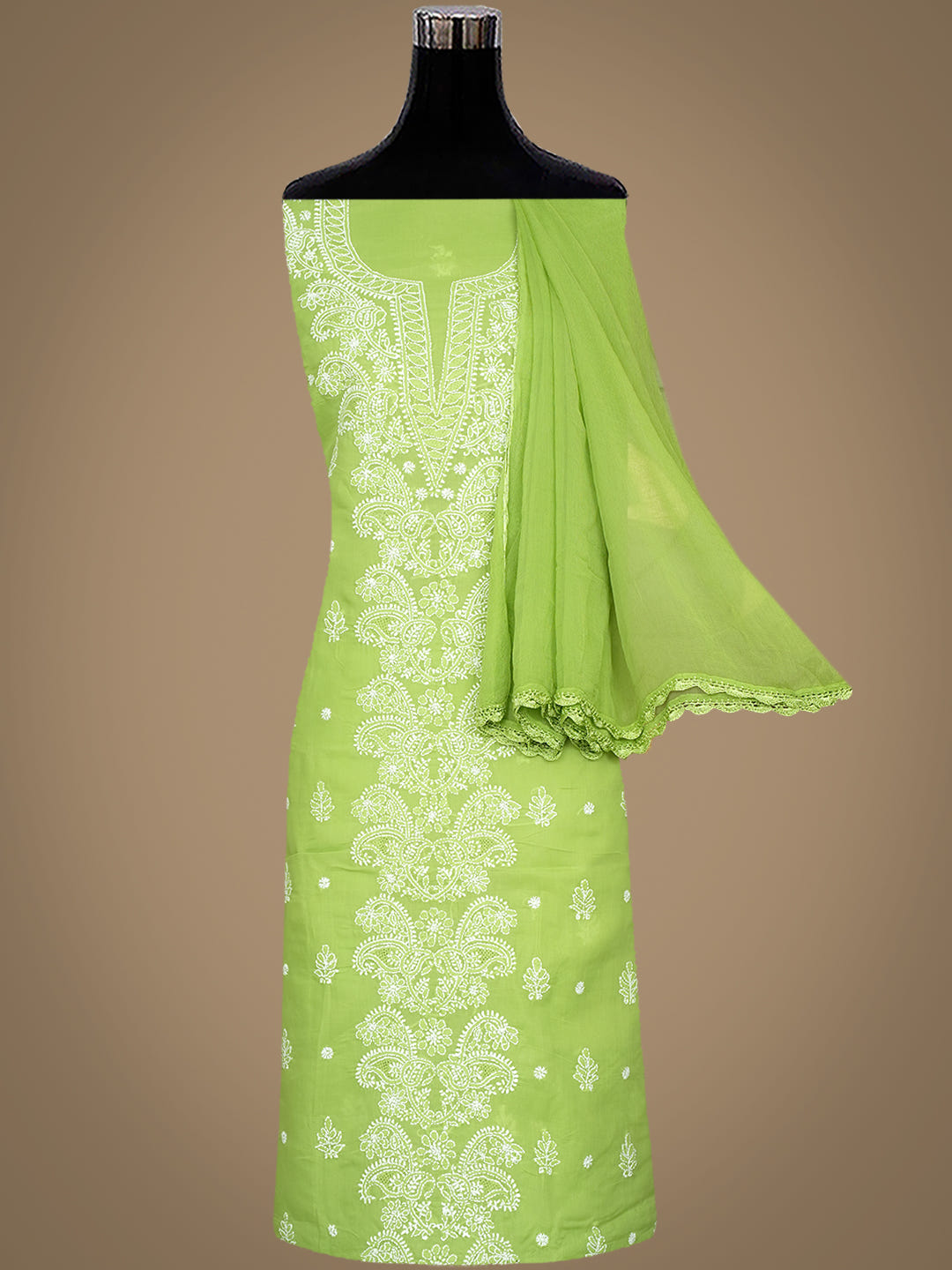 Ada Hand Embroidered Green Cotton Lucknowi Chikankari Unstitched Suit Piece with Chiffon Dupatta 01A1009897_3