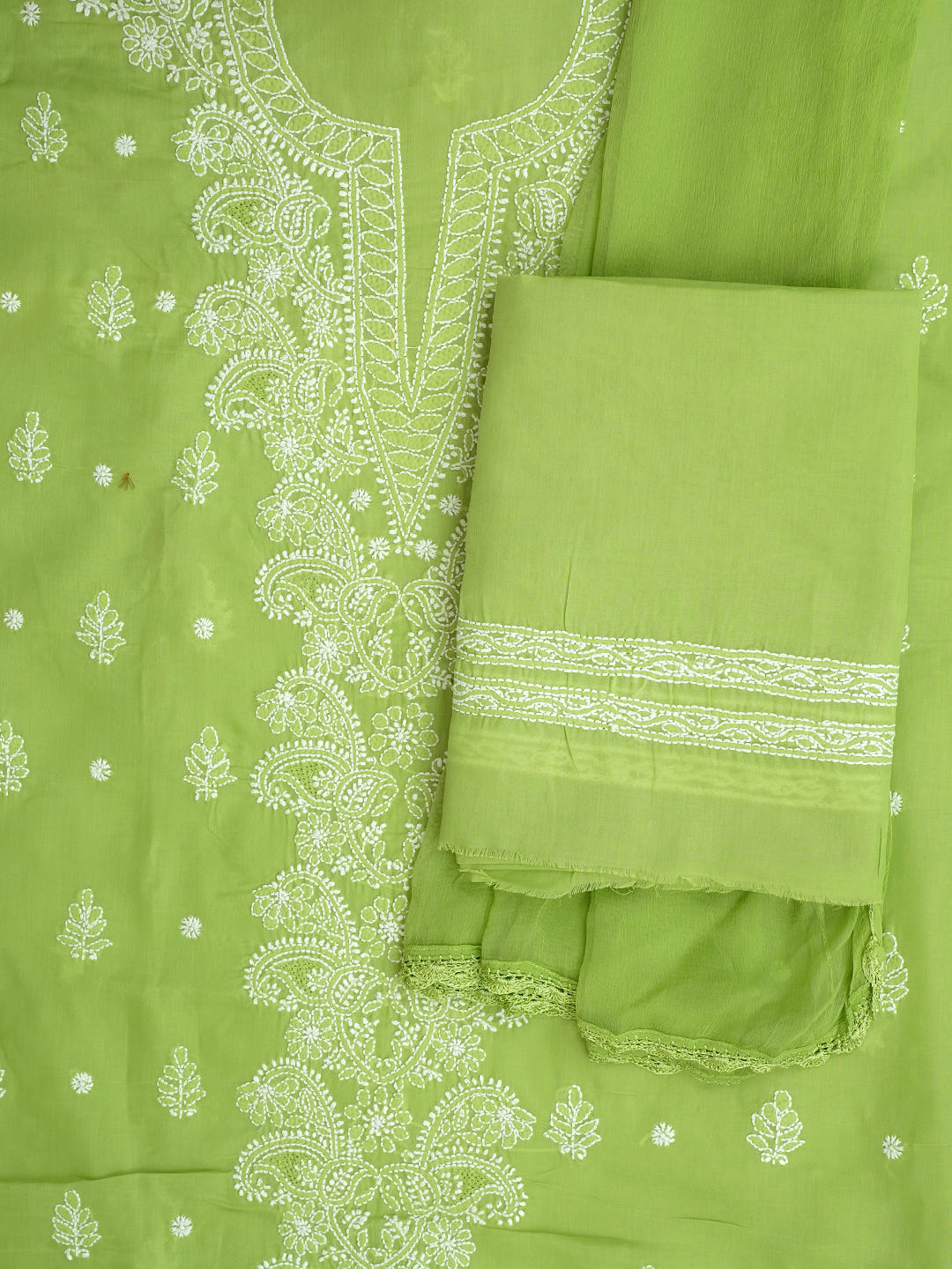 Ada Hand Embroidered Green Cotton Lucknowi Chikankari Unstitched Suit Piece with Chiffon Dupatta 01A1009897_5