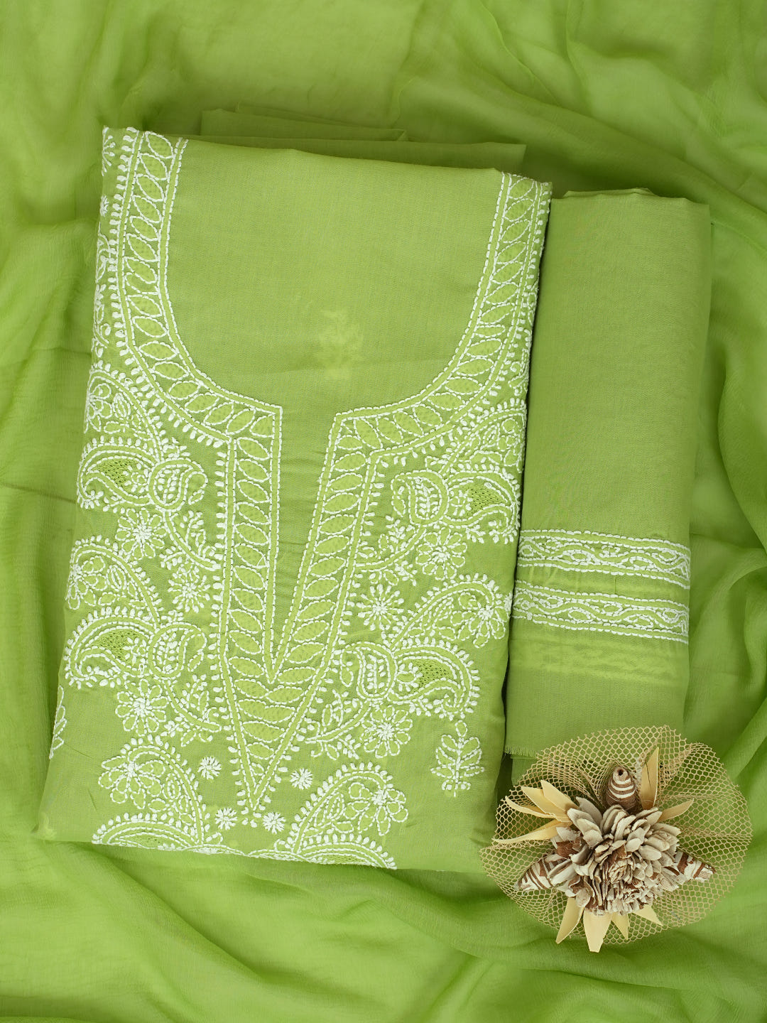 Ada Hand Embroidered Green Cotton Lucknowi Chikankari Unstitched Suit Piece with Chiffon Dupatta 01A1009897_1