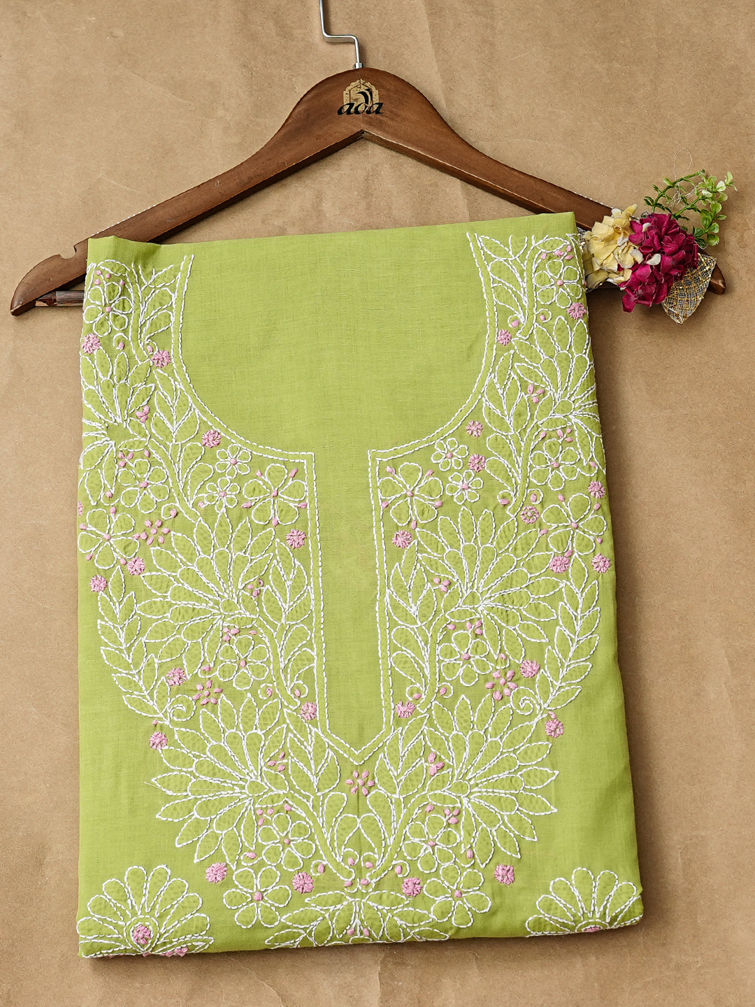 Ada Hand Embroidered Green Cotton lucknowi Chikankari Unstitched Kurta 01A991932