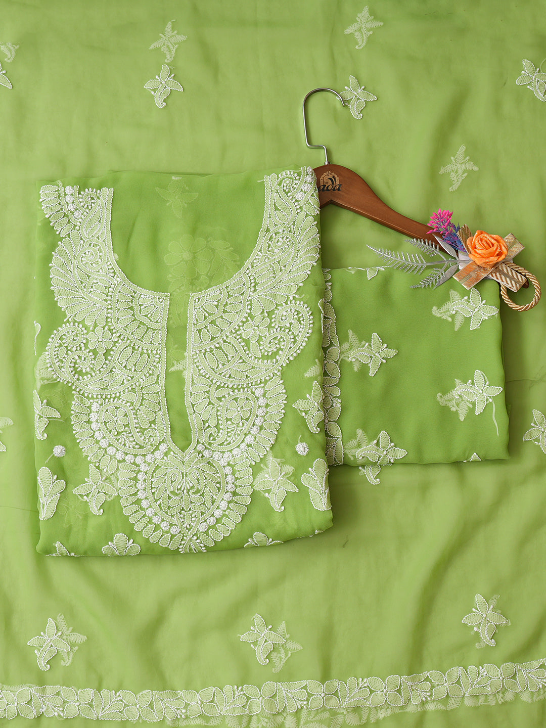 Ada Hand Embroidered Green Faux Georgette Lucknowi Chikankari Unstitched Suit Piece 01A1018945