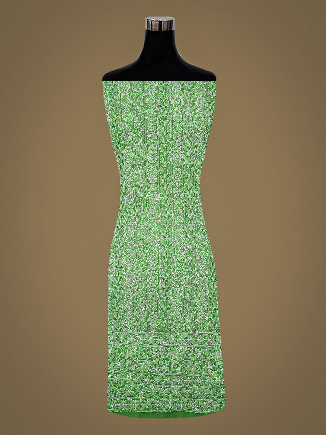 Ada Hand Embroidered Green Faux Georgette Lucknowi Chikankari Unstitched Suit Piece With Pearl Work 01A551762