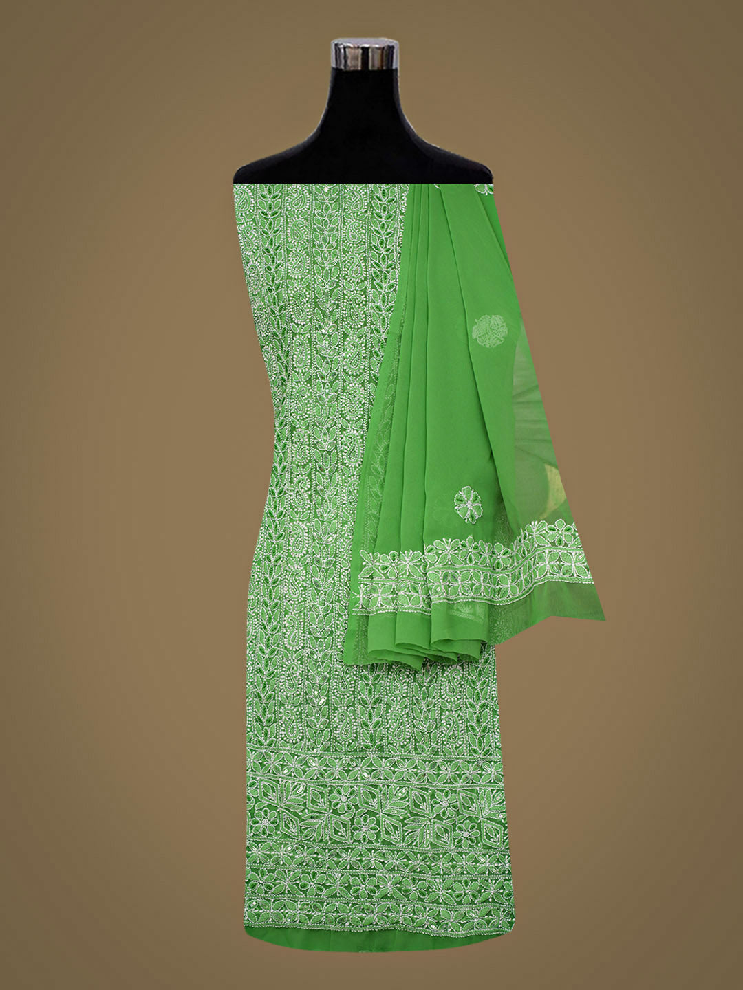 Ada Hand Embroidered Green Faux Georgette Lucknowi Chikankari Unstitched Suit Piece With Cutdana, Pearl & Sequined Work 01A551762