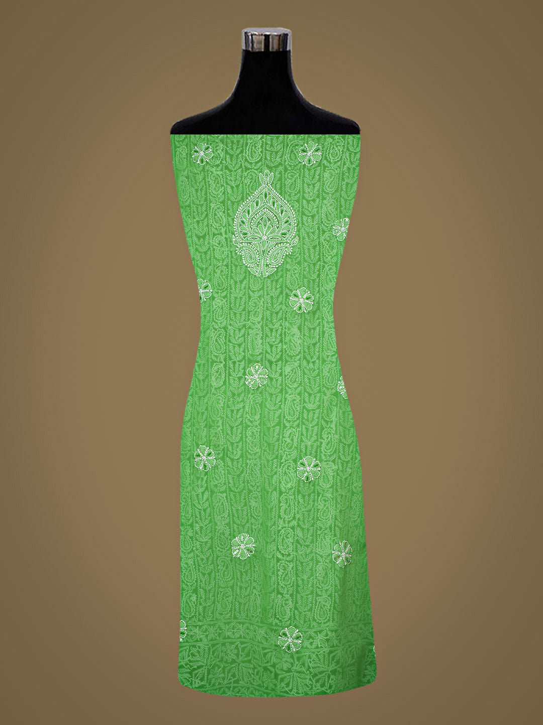 Ada Hand Embroidered Green Faux Georgette Lucknowi Chikankari Unstitched Suit Piece With Pearl Work 01A551762