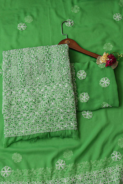 Ada Hand Embroidered Green Faux Georgette Lucknowi Chikankari Unstitched Suit Piece With Cutdana, Pearl & Sequined Work 01A551762
